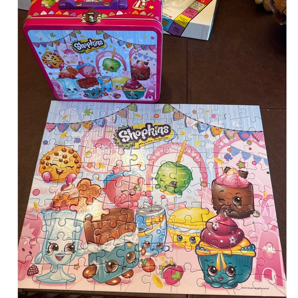 Shopkins 100pc Puzzle in Collectible Pink Lunchbox Tin Lunch box 2015 Moose Toys
